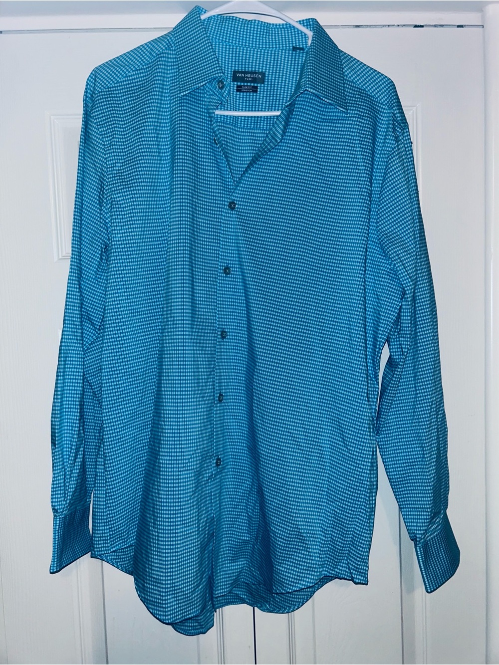 Van Heusen Men’s Teal Micro-Check Dress Shirt Large